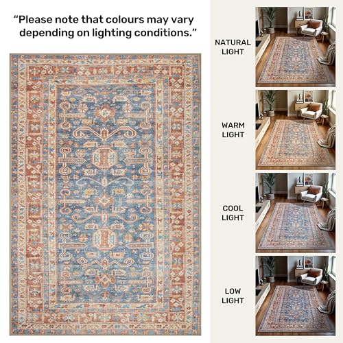 GLN Rugs Bohemian - Jerusalem - Machine Washable Runner Rug, Boho Washable, Non Slip, Low Pile Chenille Area Rug, Hallway, Bedroom, Kitchen Rug - Easy Clean (2'6" x 7' Terra/Slate Blue) - color: Terra/Slate Blue, size: 2'6" x 7' (Runner)