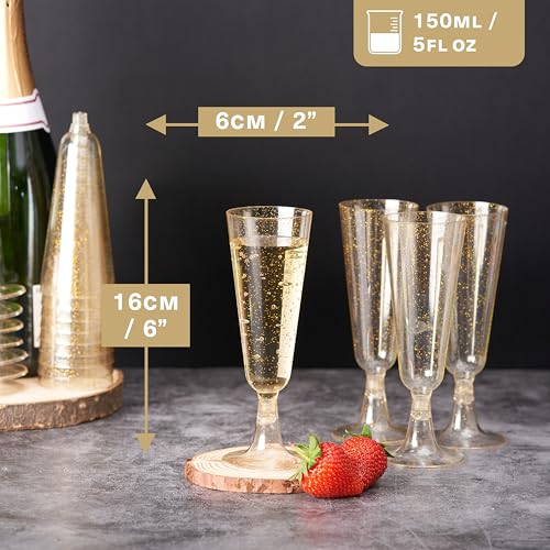 MATANA 24 Glitter Gold Champagne Flutes Plastic Champagne Glasses 5oz, Reusable Clear Plastic Champagne Flutes Bulk Pack, Copas De Plastico Para Brindis, Mimosa Toasting Glasses for Wedding, Christmas - color: Gold Glitter, size: 24 Pack