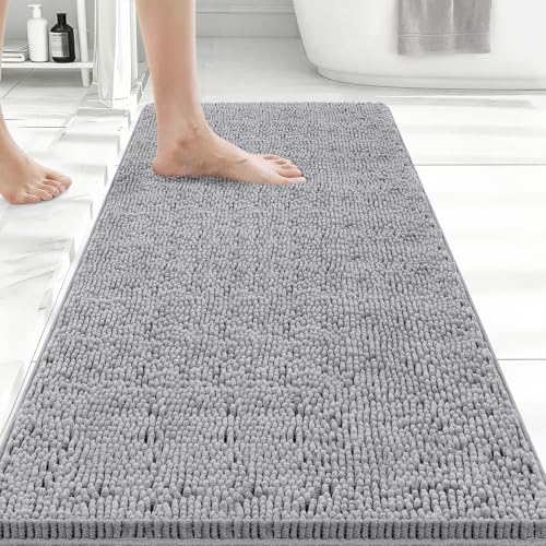 Bcoimo Bath Rug Mat,44x24 Chenille Non Slip Gray Long Bathroom Runner Rugs | Extra Soft Bathroom Floor Mats;Non Slip with Rubber Back Bath Mats;High Absorbent, Quick Dry Microfiber mat; Machine Washable - color: Grey, size: 44x24
