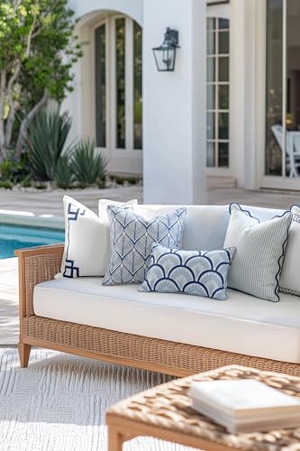 Hofdeco Premium Coastal Patio Indoor Outdoor Lumbar Pillow Cover Only, 12"x20" Water Repellent for Backyard, Couch, Baby Blue Navy Print Tropical Ravenala Palm Tree - color: Baby Blue Navy Tropical Ravenala Palm Tree 12"x20"