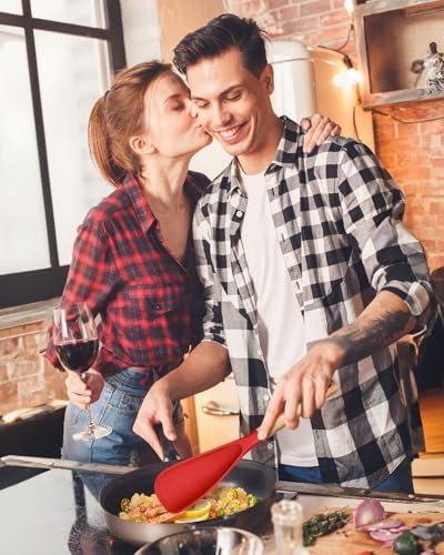 Multifunction Spoon for Nonstick Cookwares, Great for Cooking and Serving, Sturdy BPA-Free Matte Silicone, Wood Handle spoonula for Mixing, Scoop, and Scrape, Red(2 pack,11.4" & 13.4") - color: Red