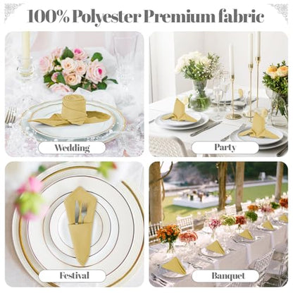 PLOYMONO Gold Cloth Napkins - 8 Pack 17" x 17" Washable Polyester Napkins | Heavy Duty 180 GSM Cloth Napkins with Hemmed Edges - Great for Restaurants, Weddings, Parties, Banquets Dinner - color: Gold
