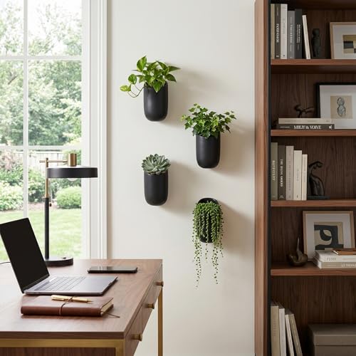 MyGift 6 Inch Black Ceramic Wall Planters for Succulents, Set of 4 | Matte Cylindrical Wall-Mounted Hanging Pots for Herbs, String of Pearls & Indoor Plant Displays - color: Matte Black (6 Inch)