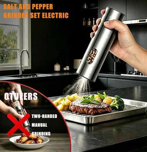 Electric Salt and Pepper Grinder Set, Rechargeable Stainless Steel with USB-C Dual Charging Base, Upgraded Large Capacity, Adjustable Coarseness & Bright LED Light, Kitchen Essentials