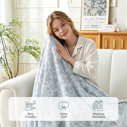 Viviland Cotton Muslin Blanket Reversible Fleece Blanket Lightweight Breathable Gauze Queen Size 90 x 90 Inches, Green Narcissus - color: Green Narcissus, size: Queen Size (90 X 90 Inches)