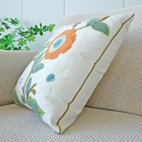 vctops Floral Embroidered Pillow Covers 18x18 Inch Spring Summer Cotton Tufted Throw Pillow Cover Outdoor Garden Cushion Case for Sofa, Bed, Living Room (Flower G,18"x18") - color: Flower G