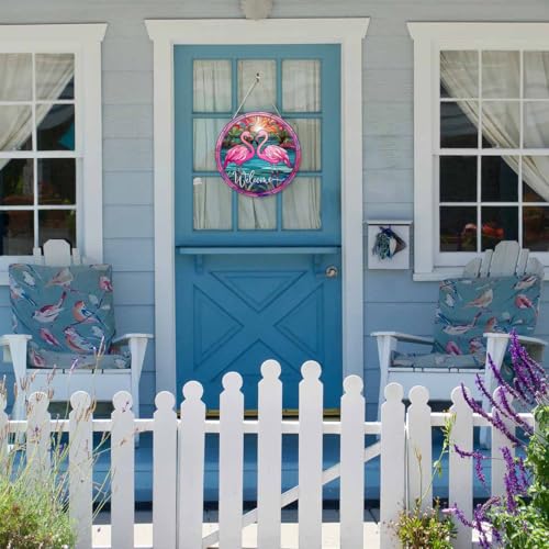 Welcome Porch Wood Sign Flamingos by The Sunset River Round Hanging Plaque Sign for Porch Yard, Housewarming Present, 12x12inch - color: Style 10