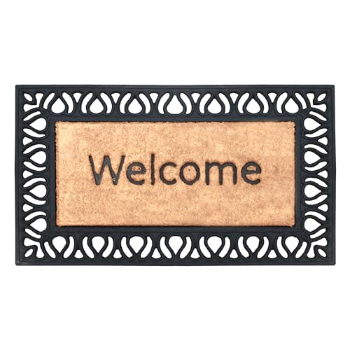 A1HC Natural Coir and Rubber Large Door Mat, 18" x 30", Thick Durable Doormats for Door Entrance, Heavy Duty, Thin Profile Door Mat, Easy to Clean,Long Lasting Front Door Entry Doormat - color: Welcome Paisley Border Black