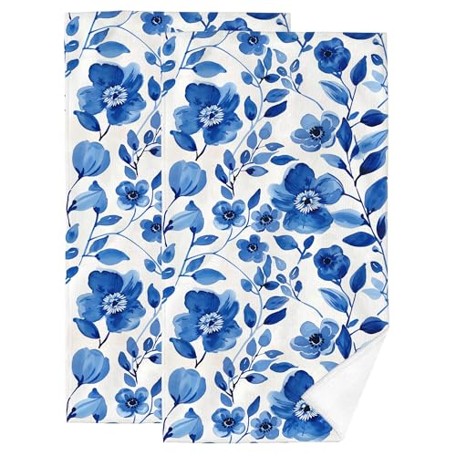 Blue Floral Hand Towels for Bathroom Decorative Set of 2 Soft Absorbent Watercolor Flower Bath Towels for Farmhouse Kitchen Home Spa Hotel Yoga Spring Summer Bathroom Decor Gifts 14"x28" - color: Blue Floral
