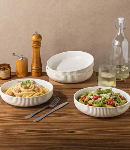 8.5" Ceramic Pasta Bowls Set of 4, Salad Bowls | Versatile Serving Bowls for Pasta, Salad, Fruit & Noodles, Housewarming & Wedding Gift, Reactive White - color: Reactive White, size: 8.5 Inch