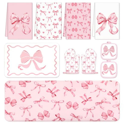 JarThenaAMCS 10Pcs Pink Bow Kitchen Dish Towels Rugs Oven Mitts and Pot Holders Set Farmhouse Kitchen Decor Set for Women Mom Daughter Gift Cooking Baking Home Housewarming Party Favors Supplies