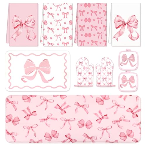 JarThenaAMCS 10Pcs Pink Bow Kitchen Dish Towels Rugs Oven Mitts and Pot Holders Set Farmhouse Kitchen Decor Set for Women Mom Daughter Gift Cooking Baking Home Housewarming Party Favors Supplies