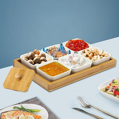 Ceramic Divided Serving Dishes with Bamboo Platter, 6 Piece Ceramic Snack Serving Tray&Fruit Tray, Platter Fruit Candies Condiments Food Bowls, with Wooden Serving Tray and Lids, for serving fries