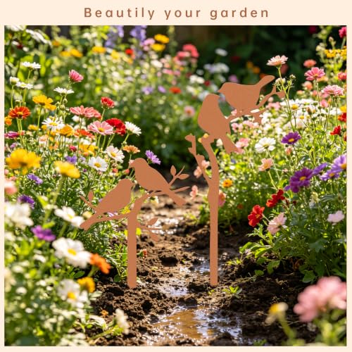 Metal Birds Garden Stake Set 2, 14.6 Inches | Rustproof Metal With Faux Rust, For Lawn, Flower Beds, Planters, Indoor Pots, Bird Silhouette Design