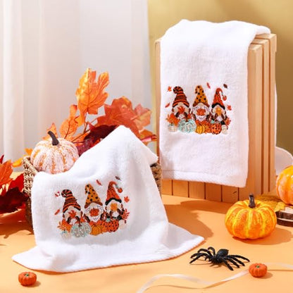 WovWeave 2 Pack Thanksgiving Gnomes Bathroom Hand Towels 100% Cotton Embroidery 14 x 29 in Gnome Bath Hand Towels Bathroom Set Decorations Fall Thanksgiving Dish Fingertip Cloth Holiday Kitchen Decor