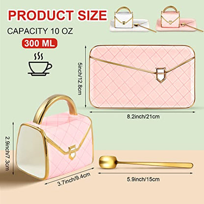 Zubebe 2 Sets Coffee Mug Elegant Handbag Shaped Cup Modern Ceramic Purse Mug with Spoon and Saucer, 10oz Cute Creative Tea Cup for Woman Girls Gift (Pink,White) - color: Pink and White