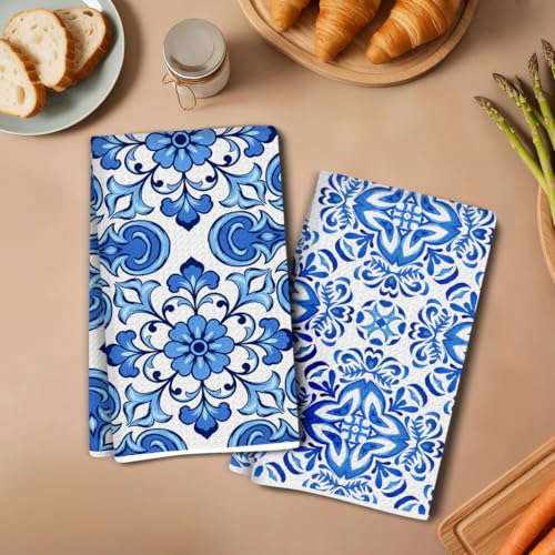 2 Pcs Kitchen Towels 14x24 Inch, Vintage Floral Tile Absorbent Microfiber Decorative Dish Cloth Tea Towel, Porcelain Waffle Hand Towels for Home Kitchen Bathroom, Housewarming Gifts for Women - color: Lcs Multicolor 02578