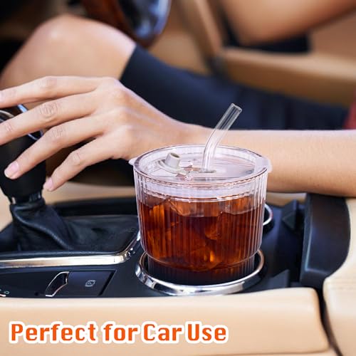13oz/400ML Glass Tumbler with Straw and Lid Ribbed Vertical Ice Coffee Cups Sealed Carry on for Coffee Iced Tea, Thick Wall Glassware Tumbler Water Glass - color: 1Pack Clear-A