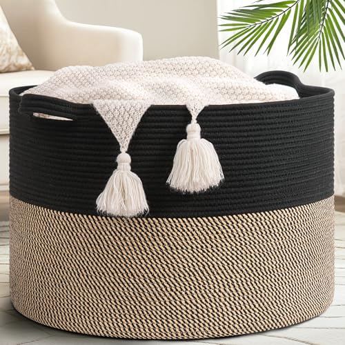 Goodpick 115L Extra Large Blanket Basket, Kids Toy Storage for Nusery Room | 23.5 x 23.5 x 15.8 In Woven Basket for Storage, Kids Toy Storage for Playroom, Laundry Basket for Towels, Black & Mix Jute - color: Black & Mix Jute, size: 23.5x23.5x15.8 Inch (P