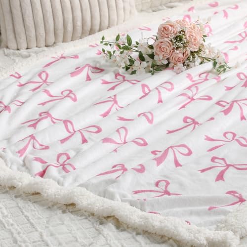 Tegeme Pink Bow Throw Blanket Sherpa Fleece Preppy Coquette Flannel Bow Blanket for Teen Girls Room Back to School Gift White Plush 50" x 60" Aesthetic Soft Bedding for College Dorm Bed Sofa Couch - color: Pink