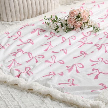 Tegeme Pink Bow Throw Blanket Sherpa Fleece Preppy Coquette Flannel Bow Blanket for Teen Girls Room Back to School Gift White Plush 50" x 60" Aesthetic Soft Bedding for College Dorm Bed Sofa Couch - color: Pink