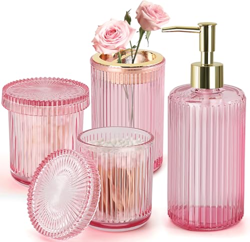 RYTOXILO Pink Bathroom Accessories Set, Pink Bathroom Decor Accessory Sets Complete, 4 Pack Ribbed Grils Soap Dispenser and Toothbrush Holder Set with 2 Qtip Holders, Girly Bath Counter Essentials - color: Pink