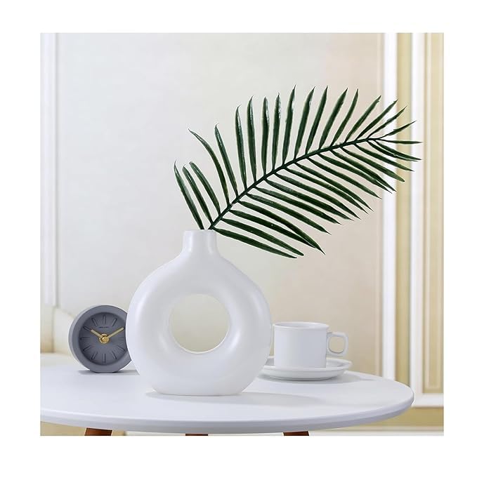 White Ceramic Donut Vase, 6 Inch Modern Flower Vase for Pampas Grass, Dried Flowers, Home & Office Decor, Centerpiece, Handcrafted Gift Vase Only