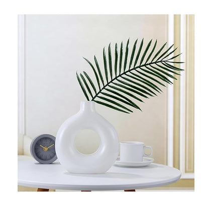 White Ceramic Donut Vase, 6 Inch Modern Flower Vase for Pampas Grass, Dried Flowers, Home & Office Decor, Centerpiece, Handcrafted Gift Vase Only