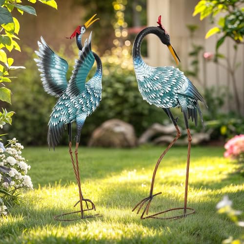 36.8" Metal Crane Statue, Blue Heron Decor Handcrafted | Garden Bird Animal Yard Art with Stable U-Ground Stakes, Lawn Ornament Decor - color: 36" - Gradient Sky Blue