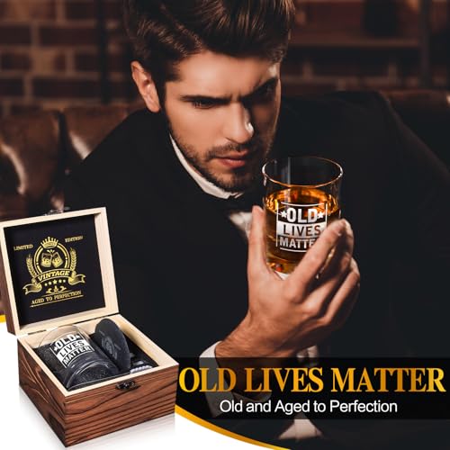 Old Lives Matter Whiskey Glasses, Funny Retirement Gifts for Old Man | 12oz Old Fashioned Whisky Gifts for Men Christmas, Grandpa, Dad, Gag Gift with Whiskey Stones, Coaster, Wooden Box - style: Old Lives Matter Whiskey Glass