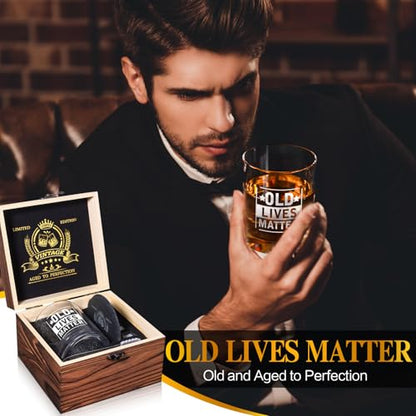 Old Lives Matter Whiskey Glasses, Funny Retirement Gifts for Old Man | 12oz Old Fashioned Whisky Gifts for Men Christmas, Grandpa, Dad, Gag Gift with Whiskey Stones, Coaster, Wooden Box - style: Old Lives Matter Whiskey Glass