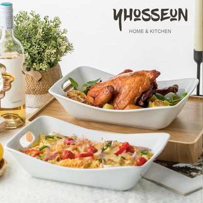 YHOSSEUN Large Serving Bowls with Handles, Serving Dishes For Entertaining | White Serving Dishes, 1.5 Quarts Ceramic Bowl Set Rectangle Serving Platter for Thanksgiving, Set of 2 - style: Rectangle