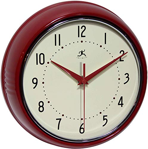 Infinity Instruments LTD. Retro 9 inch Silent Sweep Non-Ticking Mid Century | Modern Kitchen Diner Wall Clock Quartz Movement Retro Wall Clock Decorative (Red)… - color: Red, size: 9.5 Inch
