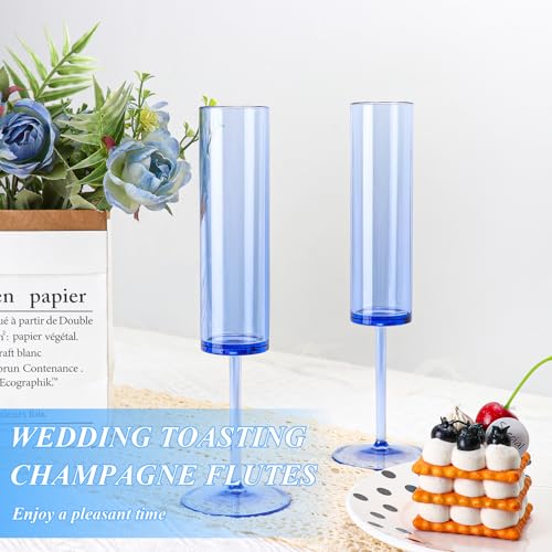 24 PCS Sapphire Blue Plastic Champagne Flutes 5.4 OZ Clear Acrylic Champagne Flutes Sparkling Wine GlassesLong Stem Crystal Champagne Glasses For Wedding Baby Shower Anniversary Birthday - color: Sapphire, size: 24 Pack