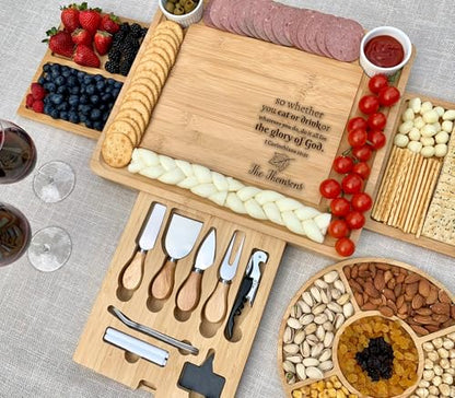 Personalized Bamboo Cheese Board Gift Set – Custom Charcuterie Serving Board – Housewarming, Bridal Shower, Wedding & Thanksgiving Present - color: Design #28