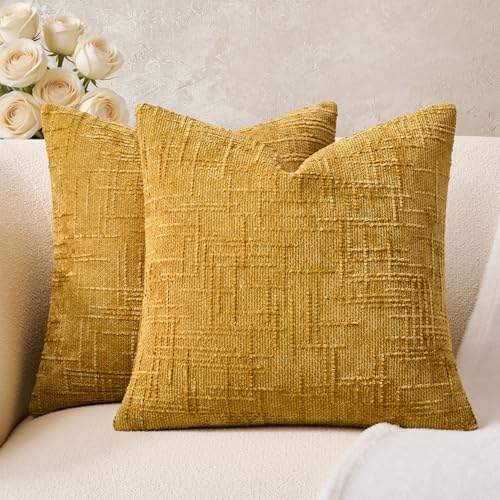 Throw Pillow Covers Mustard Yellow Set of 2 18x18 Inch Pillow Covers, Soft Fall Chenille Neutral Decorative Covers for Couch Sofa Bed Living Room, Home Modern Farmhouse Boho Decor - color: Mustard Yellow, size: 18" x 18" (Pack of 2)