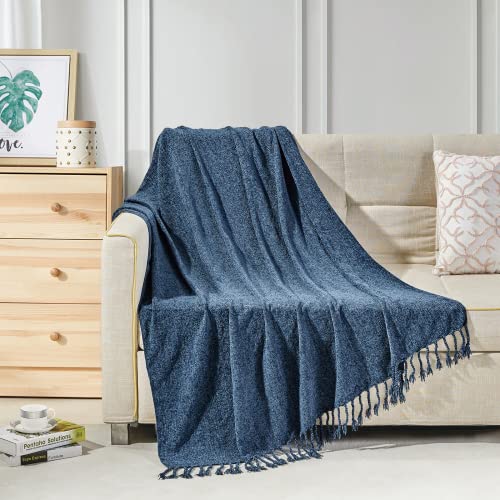 BOURINA Chenille Throw Blanket Boho Throw Outdoor Blanket,50x60Inch Navy | Chenille Throw Blanket Textured Solid Soft Throws and Blankets for Sofa or Bed Knitted Decorative Blanket - color: Navy, size: 50"×60"