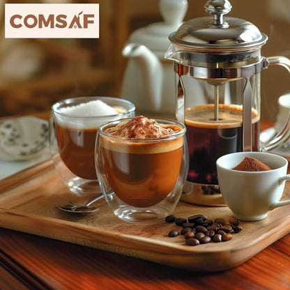 ComSaf 8oz Glass Coffee Mugs Set of 6, Double Walled Insulated Thermal Mugs for Latte Cappuccino Cocoa Milk Cafe Juice Tea, Clear Espresso Cups Set Glassware Gift for Christmas Birthday