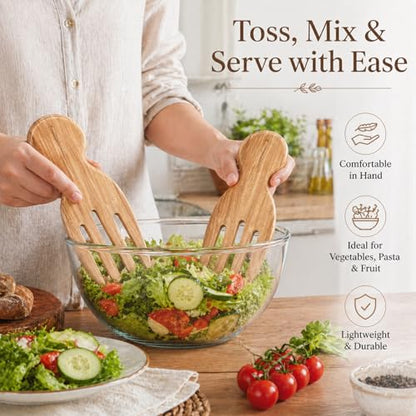 Wooden Salad Tongs 2 Pieces 6.69" x 3" Servers For Tossing Kitchen Utensils | Natural Wood, Lightweight, Gentle On Non-Stick Cookware, Warm And Elegant