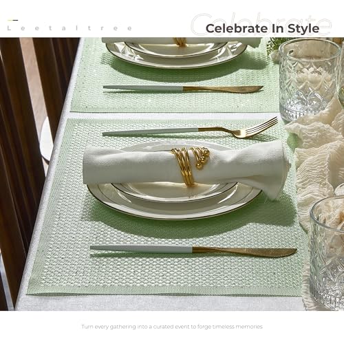 Leetaltree Sparkling Crisp Green Sequin Woven Vinyl Placemats, Set of 4 - Waterproof & Washable Dining Table Mats for Wedding, Anniversary, Daily Use, Hand-Cut - color: 00- Crisp Green Sequin, size: Set of 4