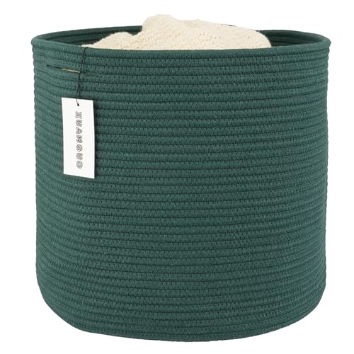 XUANGUO Cotton Rope Basket For Girls Boys Kids 16”X14” dark green | Baby Laundry Baskets, Blanket Basket, Nursery Bin; Round Woven Basket Organizer for Toy Storage, Blankets, Shoes and Clothes - color: dark green