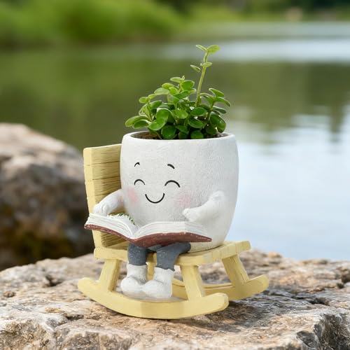 Smiley Face Planter Pot, Cute Resin Head Planter with Drainage Hole, Unique Rocking Chair Succulent Pot for Indoor Outdoor Plants, Funny Plant Lovers Gift for Mother's Day and Christmas (Side-Sitting) - size: 5.91x5.71x5.71"