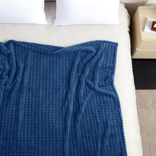 Soft Cozy Fuzzy Fleece Queen Size Blanket, Waffle Navy Blue, 90x90 Inches – Lightweight, Fluffy, and Warm 3D Jacquard All-Season Blanket for Bed, Couch, Sofa, Camping, and Travel - color: Waffle Navy Blue, size: Queen (90" x 90")