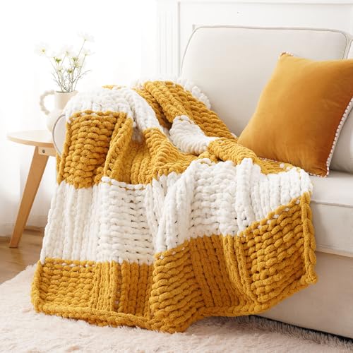 Battilo Mustard Yellow Chunky Knit Throw Blanket, Soft and Thick Chenille Throw Blanket, 50"x60" Handmade Cable Knit Crochet Blanket, Knot Knitted Throw Blankets for Couch Home Decor, Yellow & White - color: Yellow & White