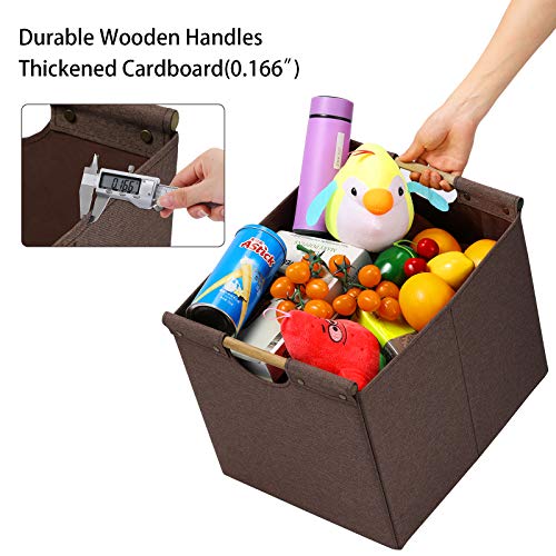 HOONEX Large Collapsible Storage Bins, Linen Fabric, 2 Pack, Storage Baskets with Wooden Carry Handles and Sturdy Heavy Cardboard, for Home, Office, Car, Nursery, Brown - color: Brown