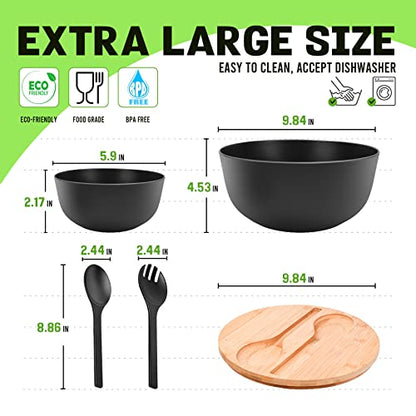 ECOWAY Bamboo Fiber Salad Bowl Set,Large Mixing Bowl with Natural Bamboo Lid and Utensils,4 Serving Bowls,Spoon,Fork and Fabric Bag for Salad,Soup,Vegetables,Pasta and Fruits(Black,9.8inches) - color: Black with serving bowls