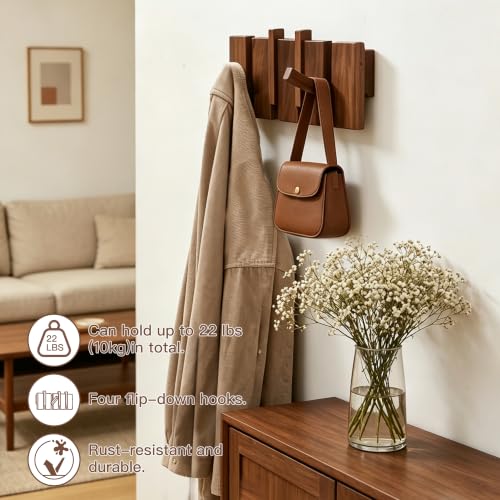 Wooden Coat Hooks Wall Mounted, Coat Rack Hanger Wall Mount with 4 Hooks, Heavy Duty Coat Hooks for Hanging Coats/Keys/Hats/Robe&Towels/Plants/Bags, Home Decor Gift, Walnut - size: 4 Hooks