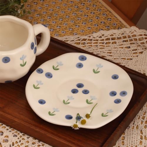 TREEWOO Hand Painted Blueberry Ceramic Coffee Cup and Saucer Set, 250ml/8 oz, Korean Style, Hand Pinched Irregular Cappuccino Latte Tea Cup - color: Blueberry