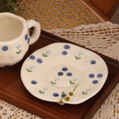 TREEWOO Hand Painted Blueberry Ceramic Coffee Cup and Saucer Set, 250ml/8 oz, Korean Style, Hand Pinched Irregular Cappuccino Latte Tea Cup - color: Blueberry