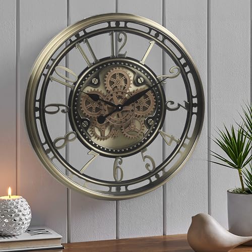 28" Oversized Moving Gear Wall Clock for Living Room Decor, Gold | SIilent Non Ticking, Aluminum Arabic Numeral, Industrial Steampunk Wall Clock for Dinning Room, Entryway & Home Office - color: Arabic Brass Gold, size: 28"